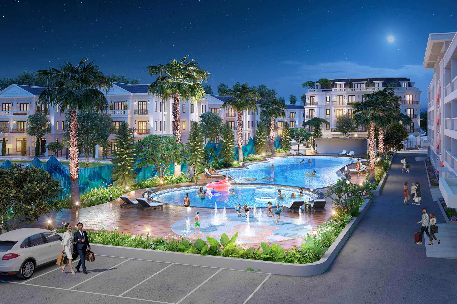 Cụm bể bơi ngoài trời Resort: Hồ bơi với làn nước xanh mát, thiết kế tràn bờ, tích hợp khu ghế tắm nắng và quầy bar mini, mang lại cảm giác nghỉ dưỡng 5 sao ngay tại nhà.