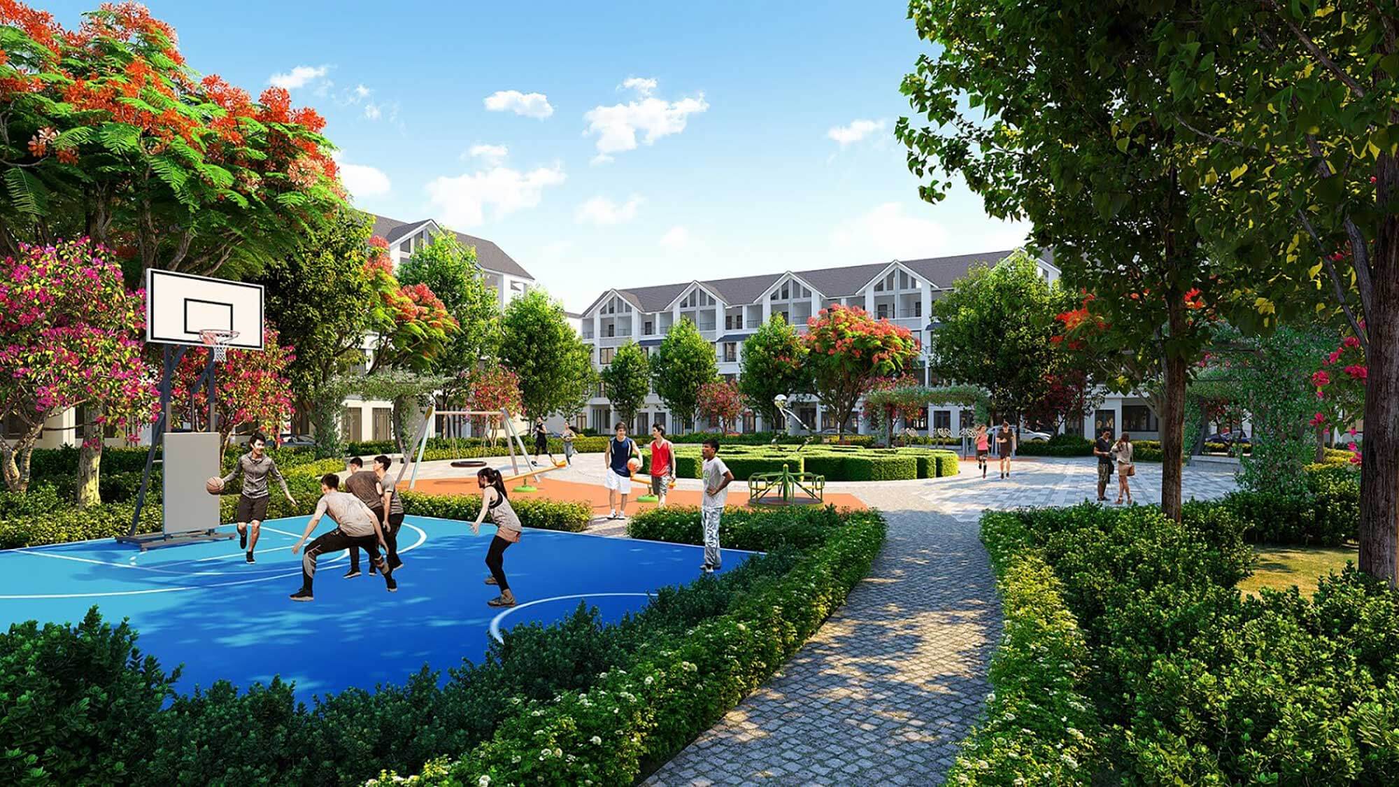 Khu phức hợp thể thao đa năng: Bao gồm sân Tennis tiêu chuẩn quốc tế, sân bóng rổ và khu tập Gym ngoài trời với các thiết bị máy tập chuyên sâu.