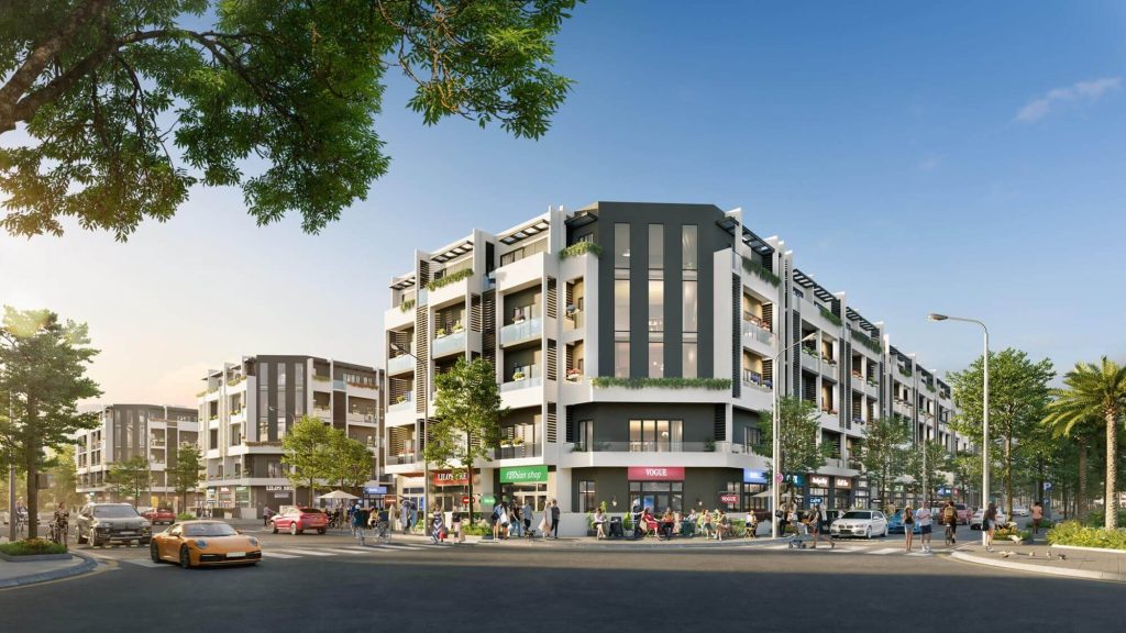 Shophouse Hanoi Oriental Gia Lâm – thiết kế hiện đại, mặt tiền thông thoáng, tầng trệt kinh doanh sôi động, kết hợp hoàn hảo giữa không gian ở và khai thác thương mại tại khu đô thị trung tâm Gia Lâm